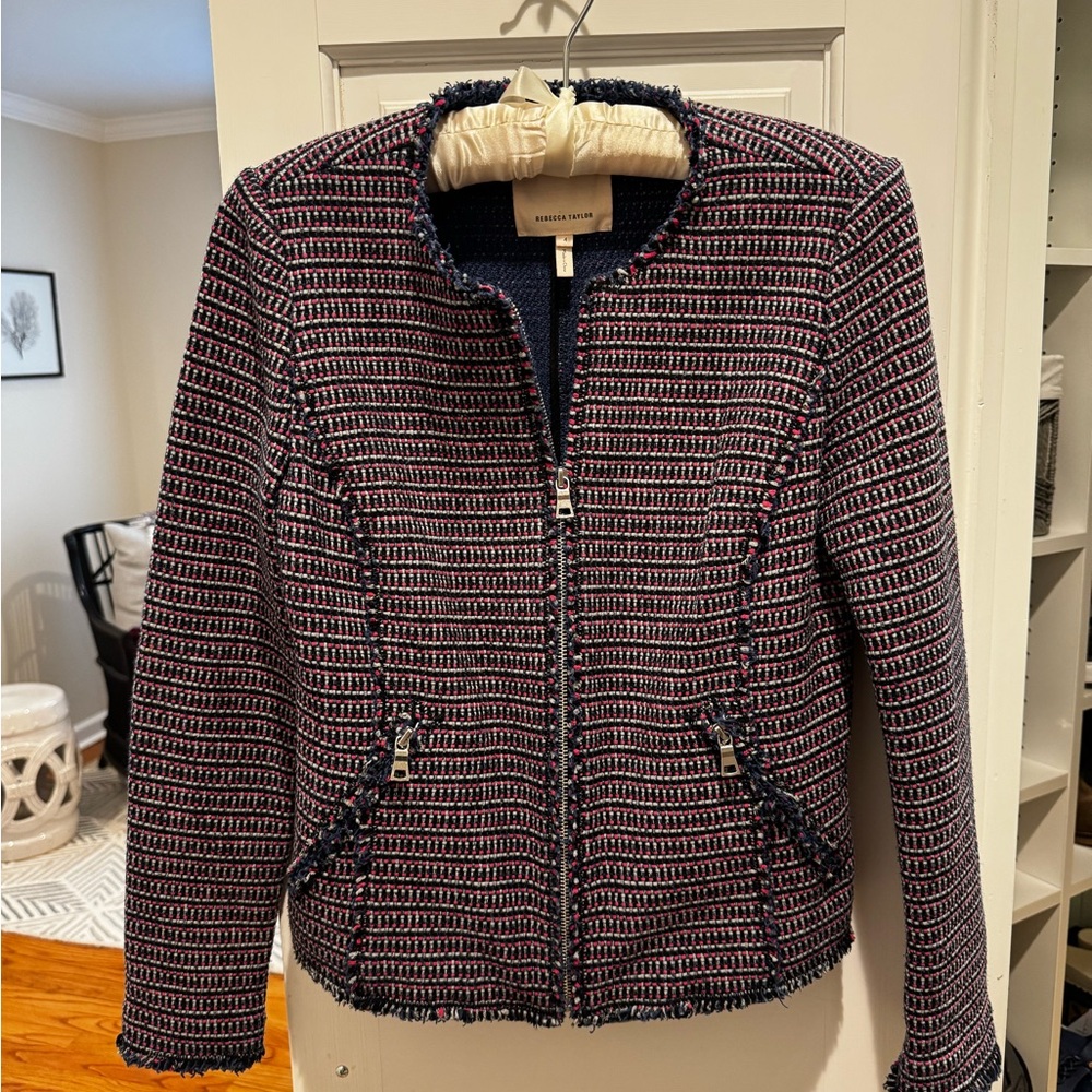 Rebecca Taylor XS Blue & Pink blazer, silver zipper accents & fringe edges.